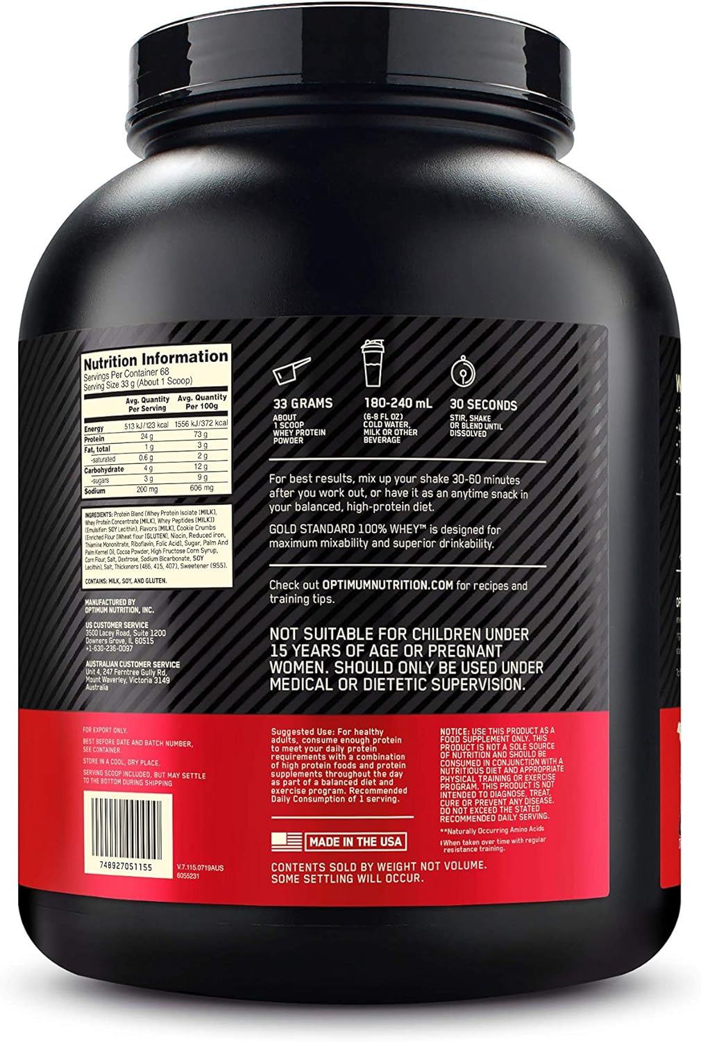 5 lb Genuine US Manufacturer Optimum Nutrition Gold Standard 100% Whey Protein Cookies & Cream