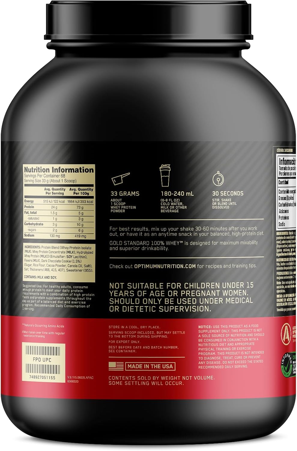 5 lb Genuine US Manufacturer Optimum Nutrition Gold Standard 100% Whey Protein Cookies & Cream