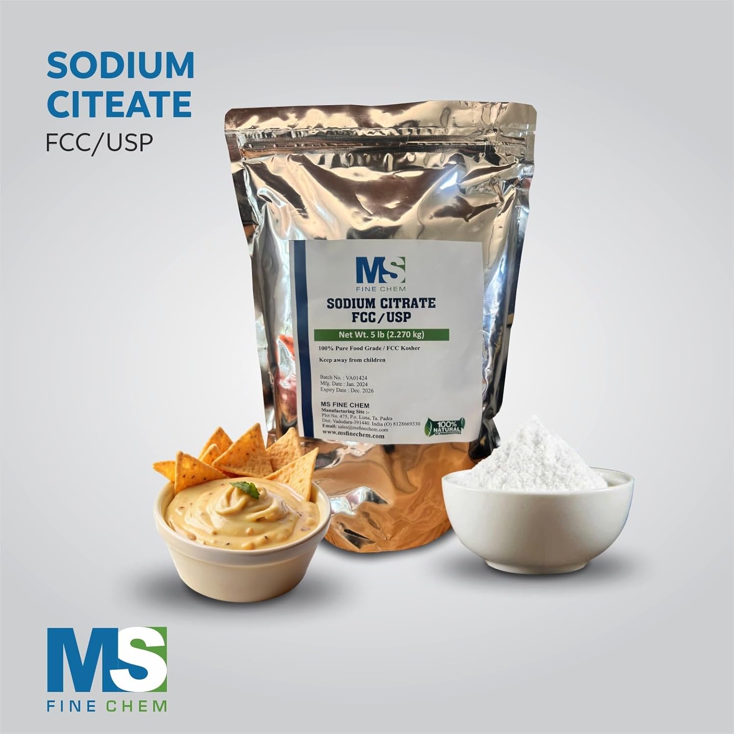 5 lb MS Finechem Sodium Citrate: Non-GMO, Keto-Friendly, Gluten-Free, Nut-Free, Food Grade, Ideal for Molecular Gastronomy Cooking, Emulsifier for Cheese Sauce, Preservative