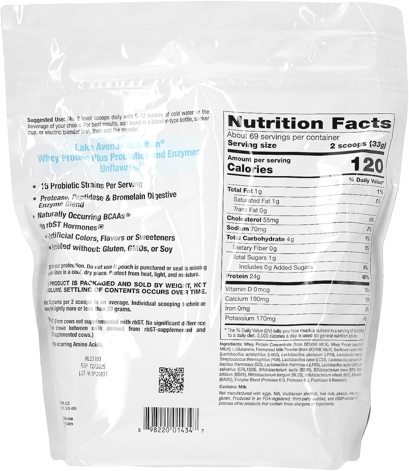 5 lb Unflavored Whey Protein Plus Probiotics and Enzymes for Nutrition - Lake Avenue