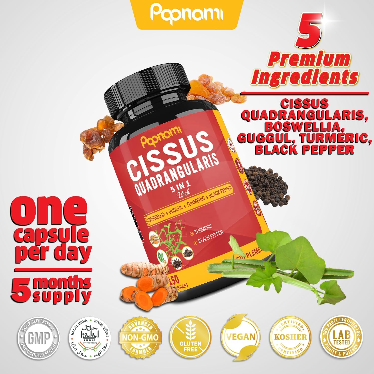 5 Month Supply Papnami Premium Cissus Quadrangularis Capsules with Boswellia, Guggul, Turmeric, Black Pepper Extract for Bone, Joint, Strength, Immunity & Wellness