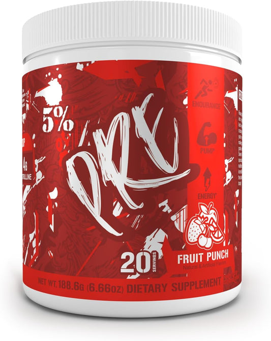 5% Nutrition Code Red Series Pre Workout Powder - Energy, Pump, Power, Protein Synthesis & Focus - 300mg Caffeine, L-Citrulline, Glycerol, Taurine, Alpha GPC, Huperzine - Fruit Punch Flavor - Men & Women