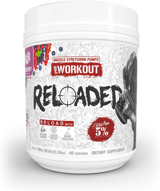 5% Nutrition Reloaded High Stim Pre-Workout Supplement for Ultra Energy, Focus, Pumps, Power, and Endurance - Wildberry Flavor