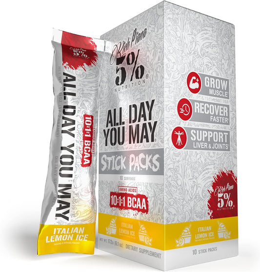 5% Nutrition Rich Piana AllDayYouMay BCAA Powder - Italian Lemon Ice Flavor - 9g of Amino Acids for Hydration, Muscle Recovery, and Joint Support