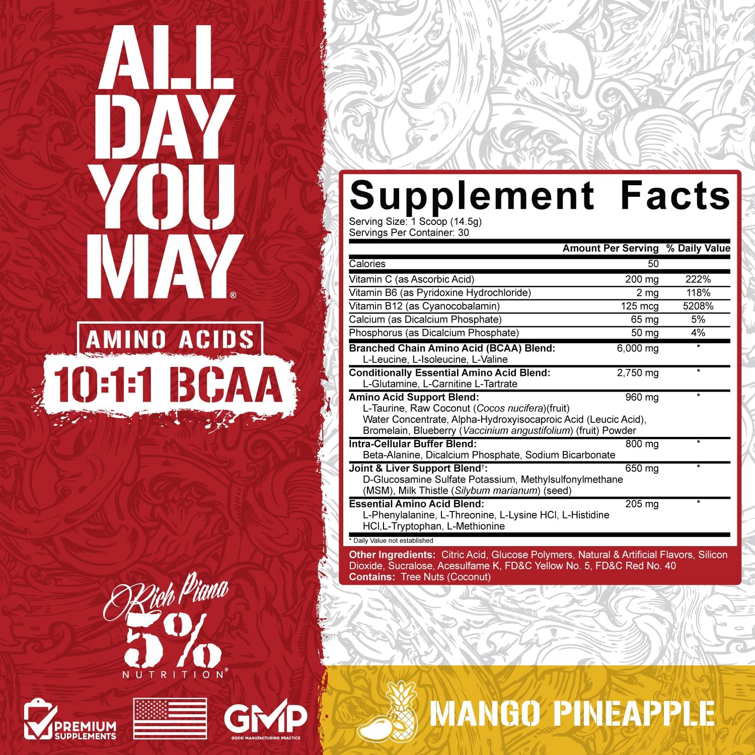 5% Nutrition Rich Piana AllDayYouMay BCAA Powder - Mango Pineapple Flavor - 15.3 oz, 30 Servings - Premium Amino Acids for Workout Recovery & Hydration