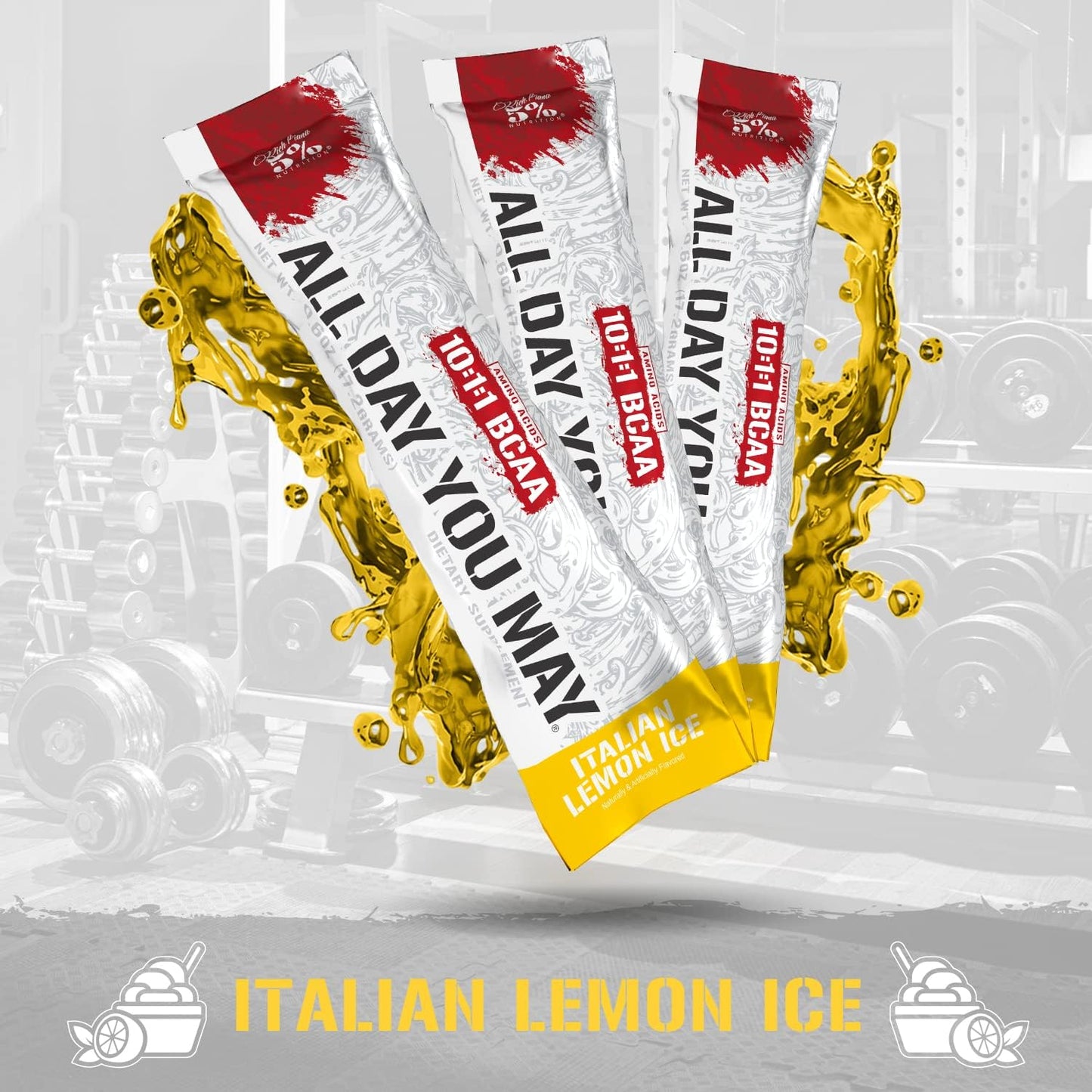 5% Nutrition Rich Piana AllDayYouMay BCAA Powder - Italian Lemon Ice Flavor - 9g of Amino Acids for Hydration, Muscle Recovery, and Joint Support