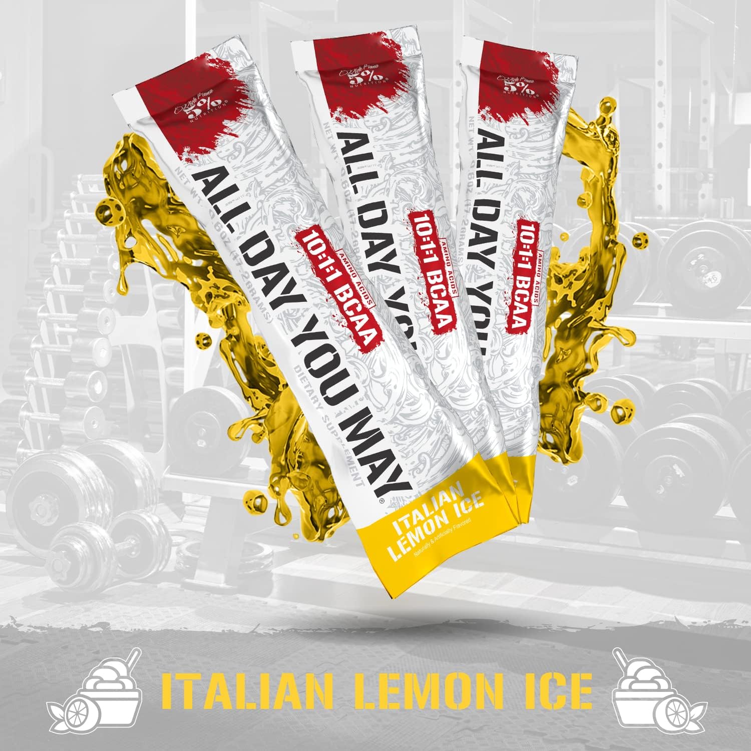 5% Nutrition Rich Piana AllDayYouMay BCAA Powder - Italian Lemon Ice Flavor - 9g of Amino Acids for Hydration, Muscle Recovery, and Joint Support