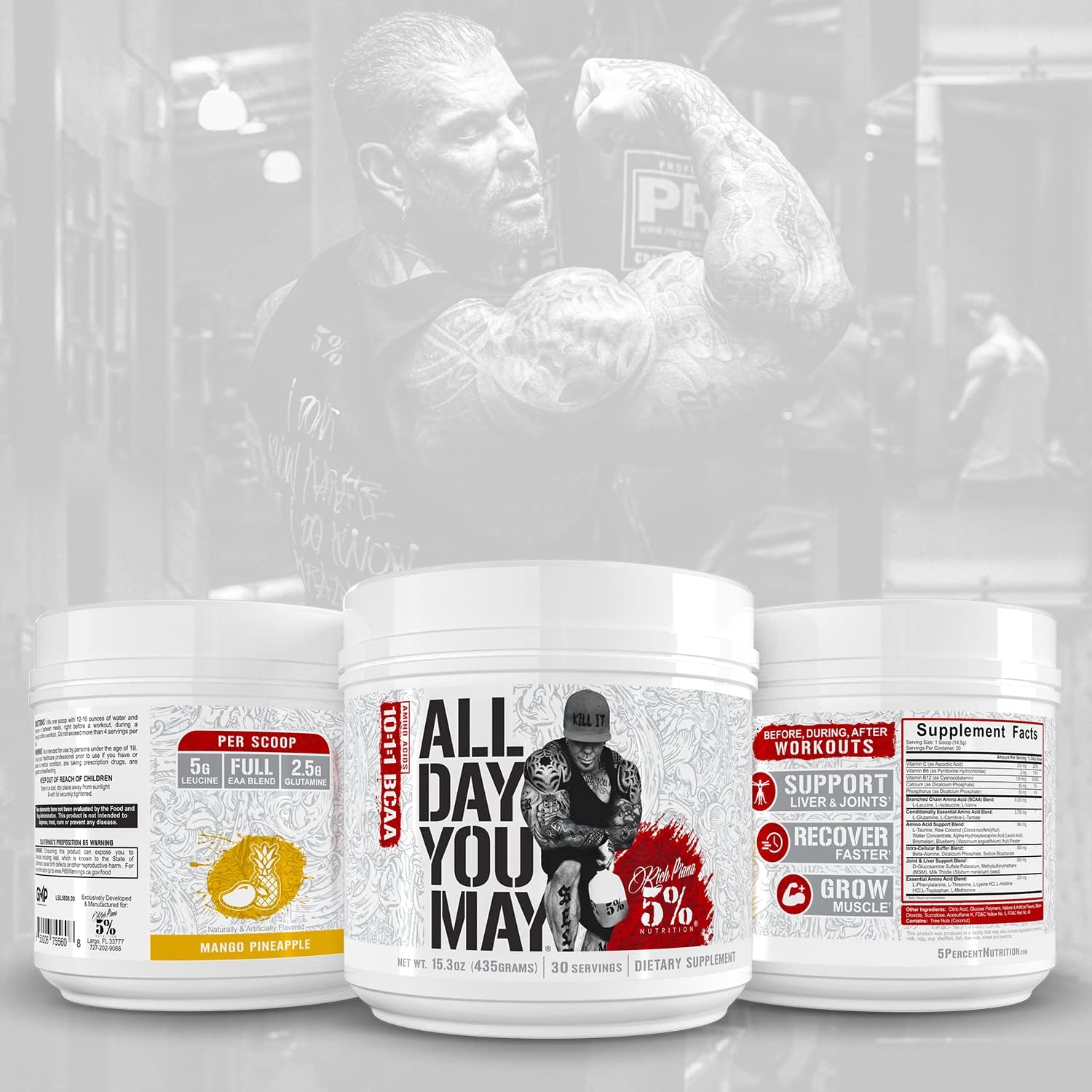 5% Nutrition Rich Piana AllDayYouMay BCAA Powder - Mango Pineapple Flavor - 15.3 oz, 30 Servings - Premium Amino Acids for Workout Recovery & Hydration