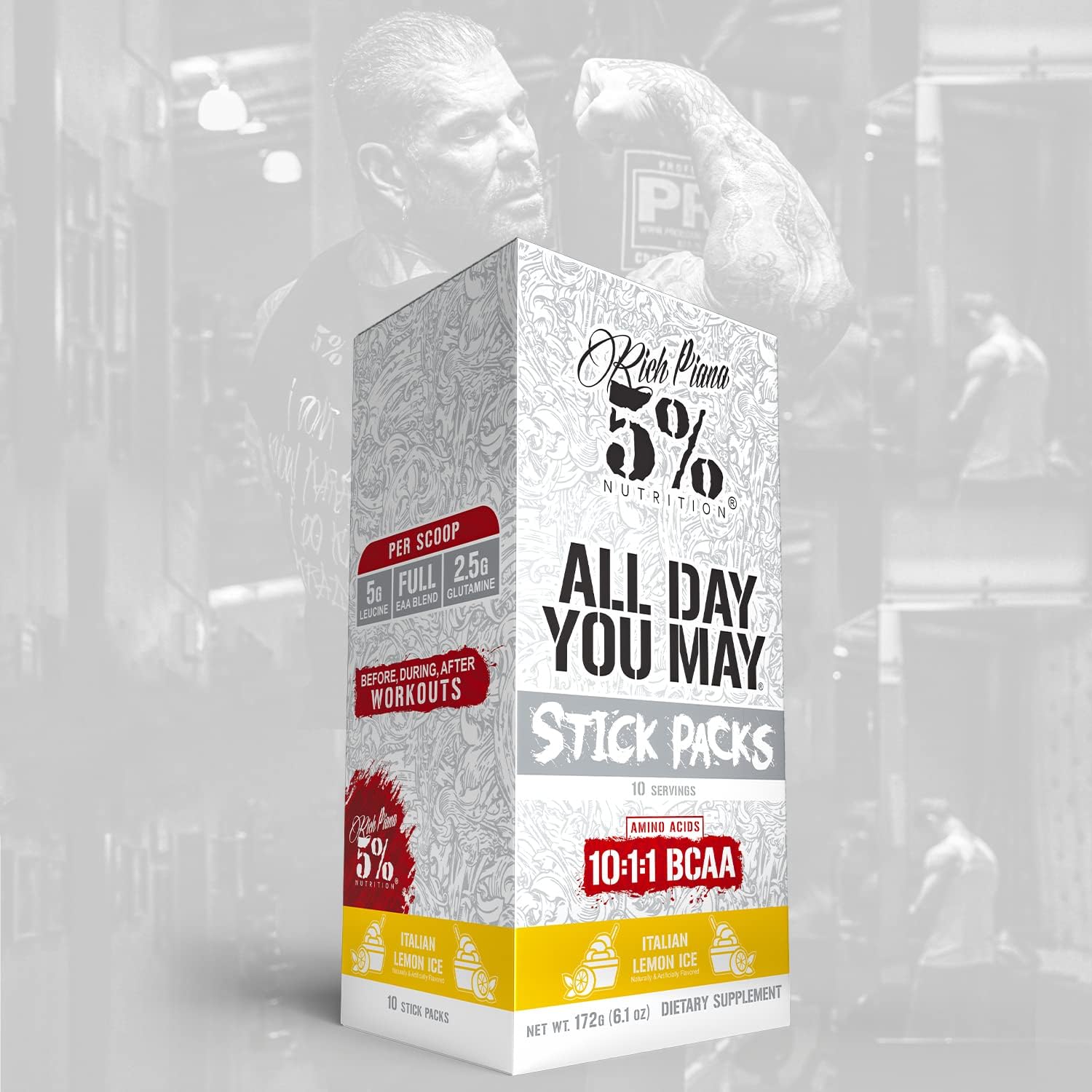 5% Nutrition Rich Piana AllDayYouMay BCAA Powder - Italian Lemon Ice Flavor - 9g of Amino Acids for Hydration, Muscle Recovery, and Joint Support