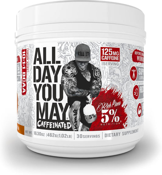 5% Nutrition Rich Piana AllDayYouMay Caffeinated BCAA Energy Powder - Southern Sweet Tea Flavor - 16.3 oz, 30 Servings - Pre Workout Amino Energy with Electrolytes