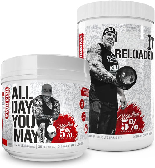 5% Nutrition Rich Piana Bundle - AllDayYouMay BCAA Powder & Kill It Reloaded High-Stim Pre-Workout (Fruit Punch)