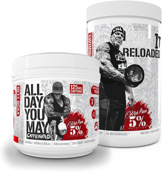 5% Nutrition Rich Piana Bundle - AllDayYouMay Caffeinated BCAA Powder & Kill It Reloaded High-Stim Pre-Workout (Fruit Punch)