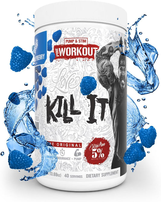 5% Nutrition Rich Piana Kill It Pre Workout Powder - Creatine, Caffeine, Beta Alanine - Blue Raspberry Flavor - 13.69 oz, 40 Servings