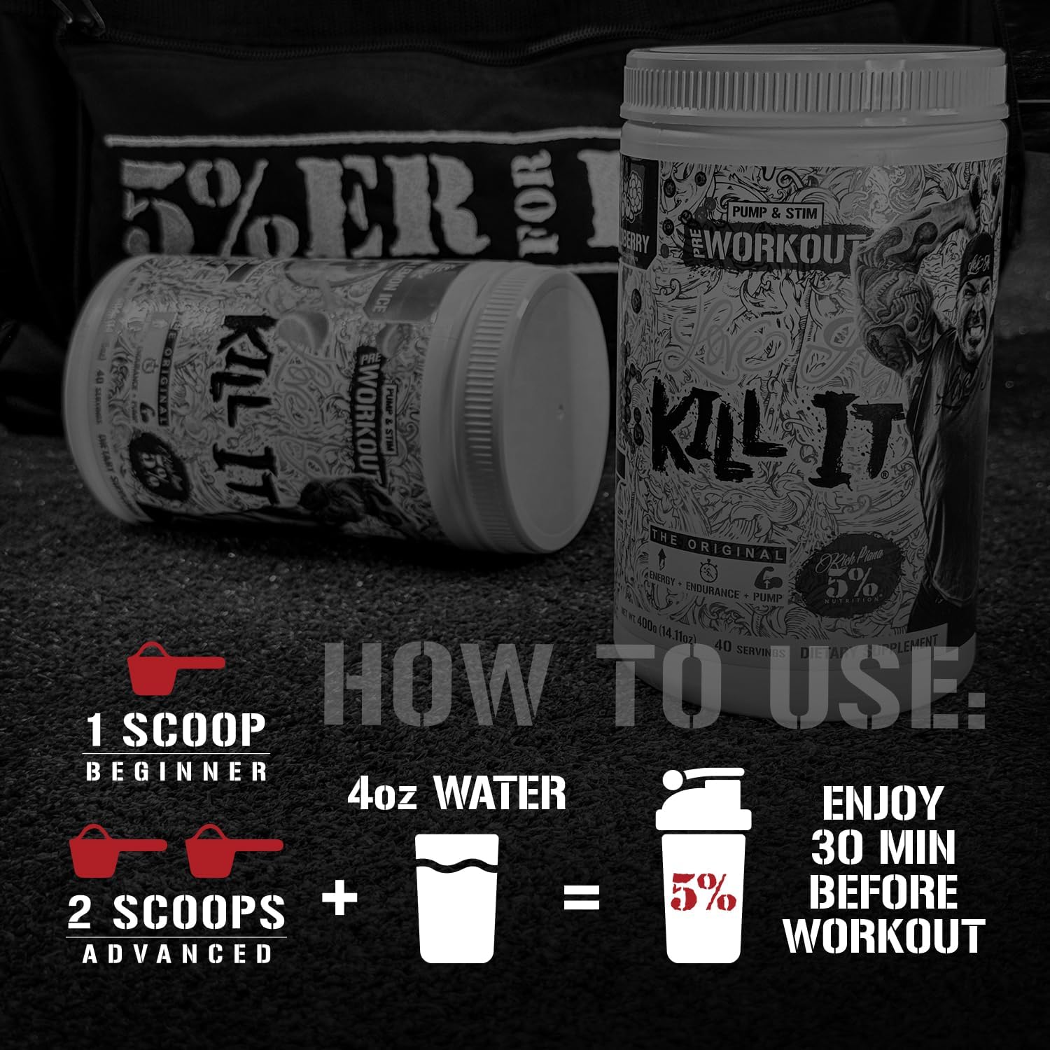 5% Nutrition Rich Piana Kill It Pre Workout Powder - Creatine, Caffeine, Beta Alanine - Blue Raspberry Flavor - 13.69 oz, 40 Servings
