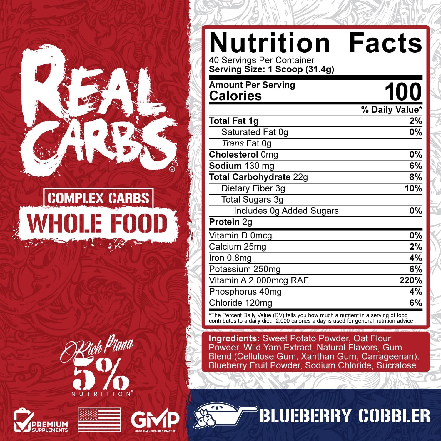 5% Nutrition Rich Piana Real Carbs Blueberry Cobbler - Complex Carbohydrates for Pre/Post Workout Energy, 2.8 lb, 40 Servings
