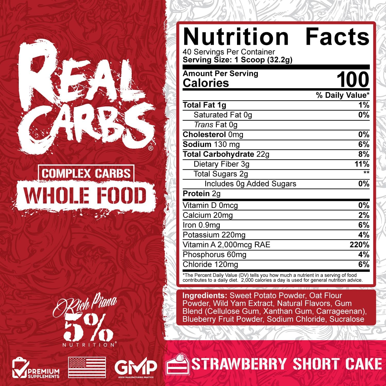 5% Nutrition Rich Piana Real Carbs Complex Carbohydrates Strawberry Shortcake - 2.84 lb, 40 Servings - Low Glycemic Energy for Pre/Post-Workout