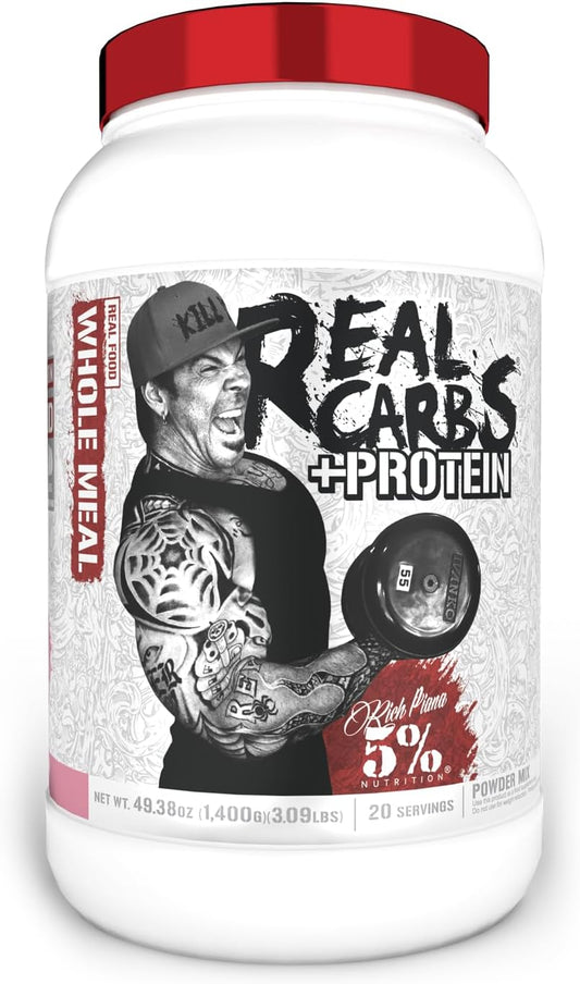 5% Nutrition Rich Piana Real Carbs + Protein Mass Gainer Powder - Birthday Cake + Protein Flavor - 3 lb, 20 Servings