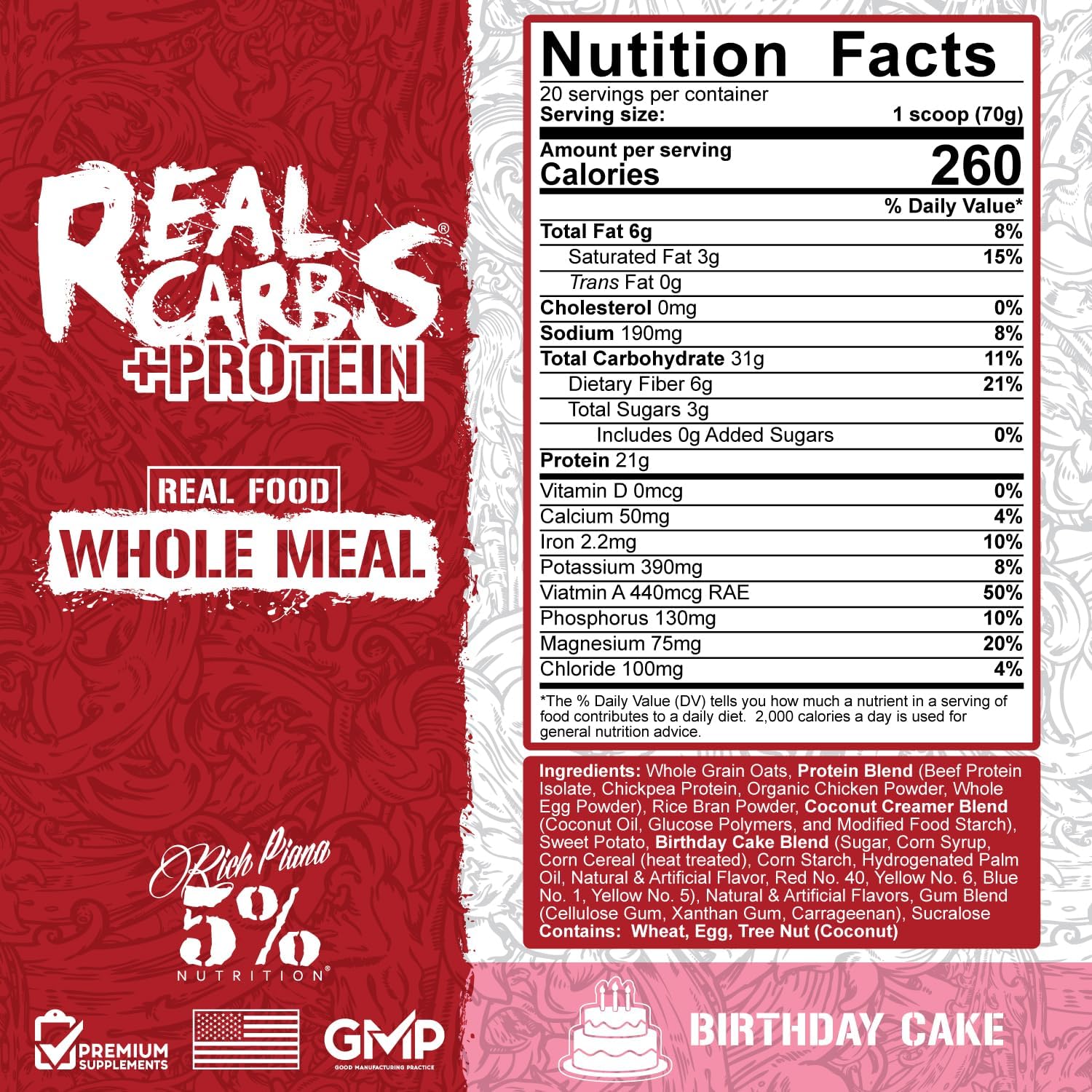 5% Nutrition Rich Piana Real Carbs + Protein Mass Gainer Powder - Birthday Cake + Protein Flavor - 3 lb, 20 Servings