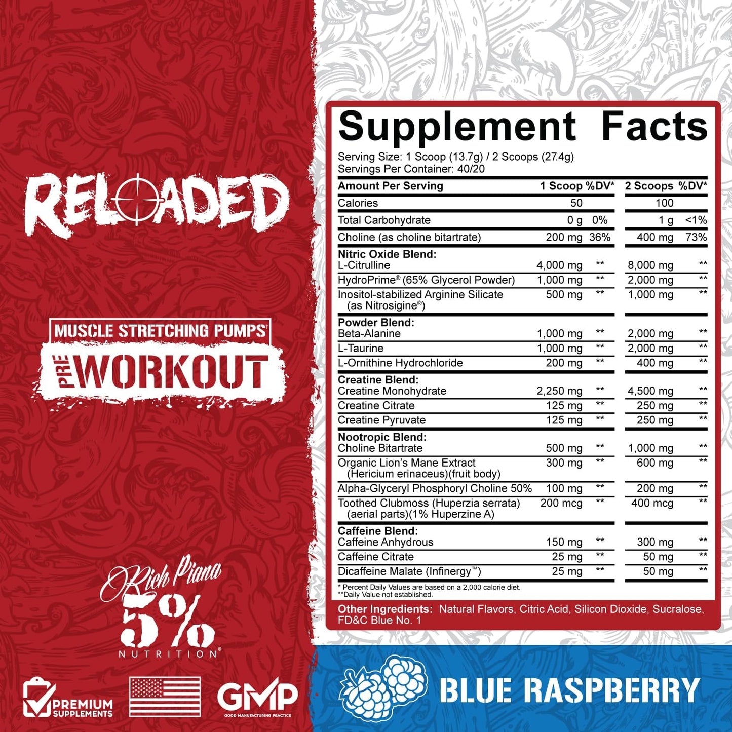 5% Nutrition Rich Piana Reloaded High Stim Pre-Workout - Blue Raspberry Flavor - Energy, Focus, Pumps, Power, Endurance - Citrulline, GlycerSize, Nitrosigine, Creatine, Choline, Huperzine A