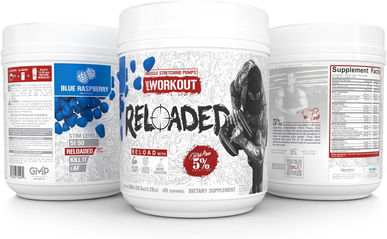5% Nutrition Rich Piana Reloaded High Stim Pre-Workout - Blue Raspberry Flavor - Energy, Focus, Pumps, Power, Endurance - Citrulline, GlycerSize, Nitrosigine, Creatine, Choline, Huperzine A