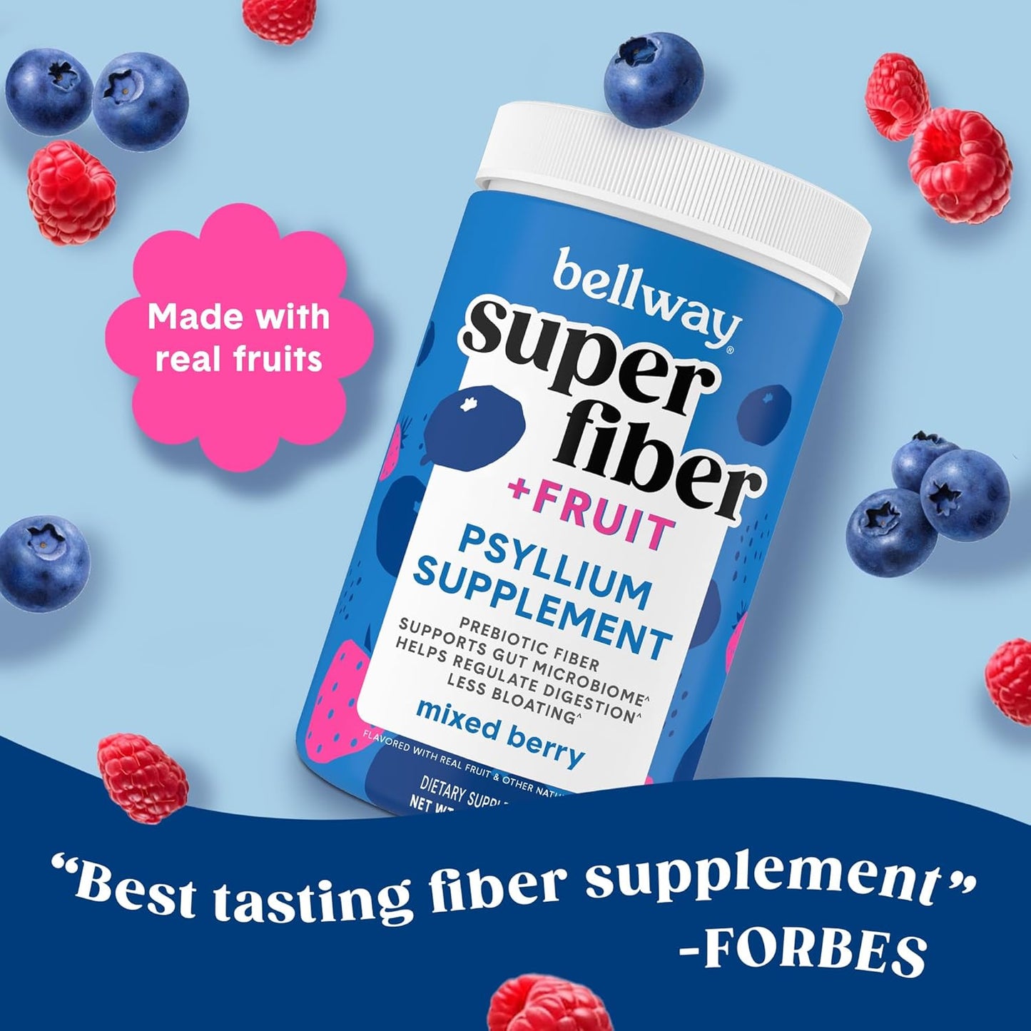 5-Pack Bellway Super Fiber Powder + Fruit, Organic Psyllium Husk Fiber Supplement for Regularity, Bloating Relief & Gut Health, Sugar-Free, Non-GMO, Mixed Berry Flavor - 250 Servings