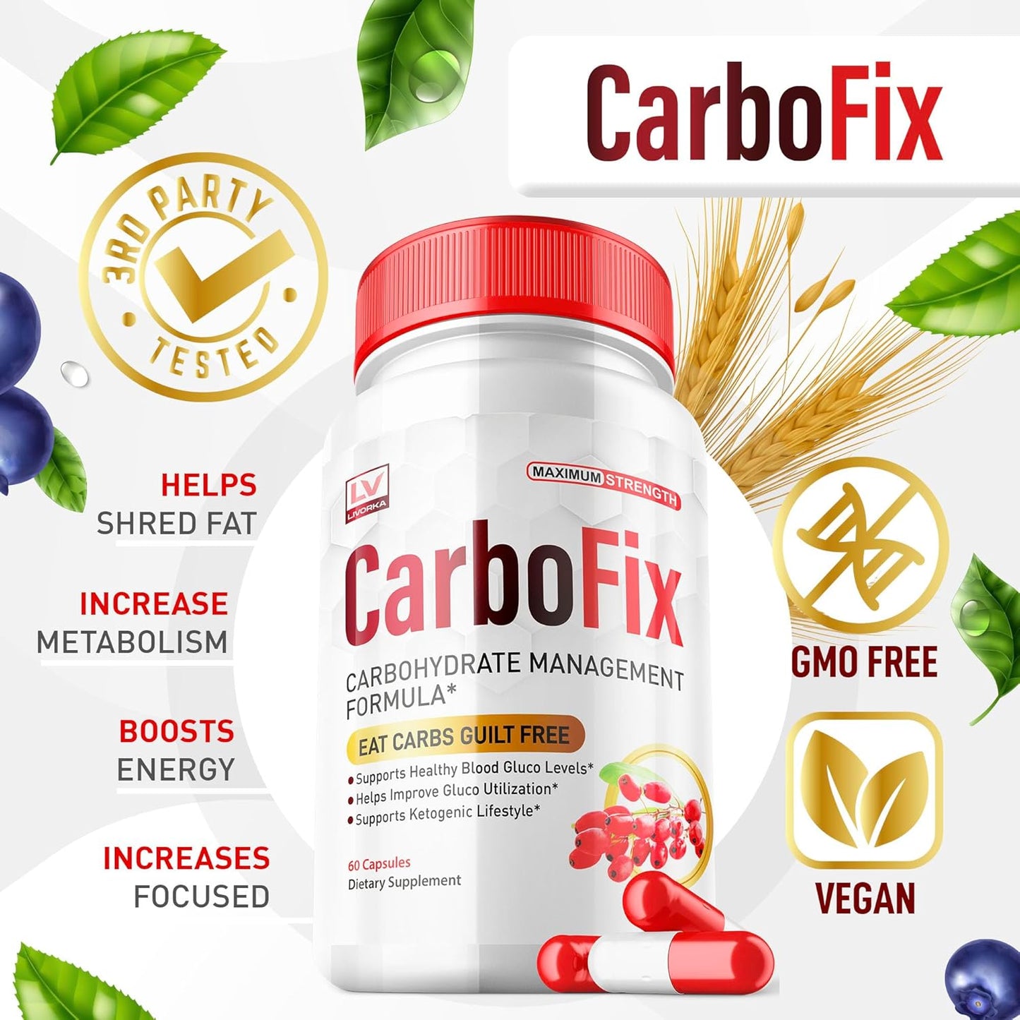 5 Pack of LIVORKA Carbofix Pills - 60 Pills per Bottle for 30 Day Supply