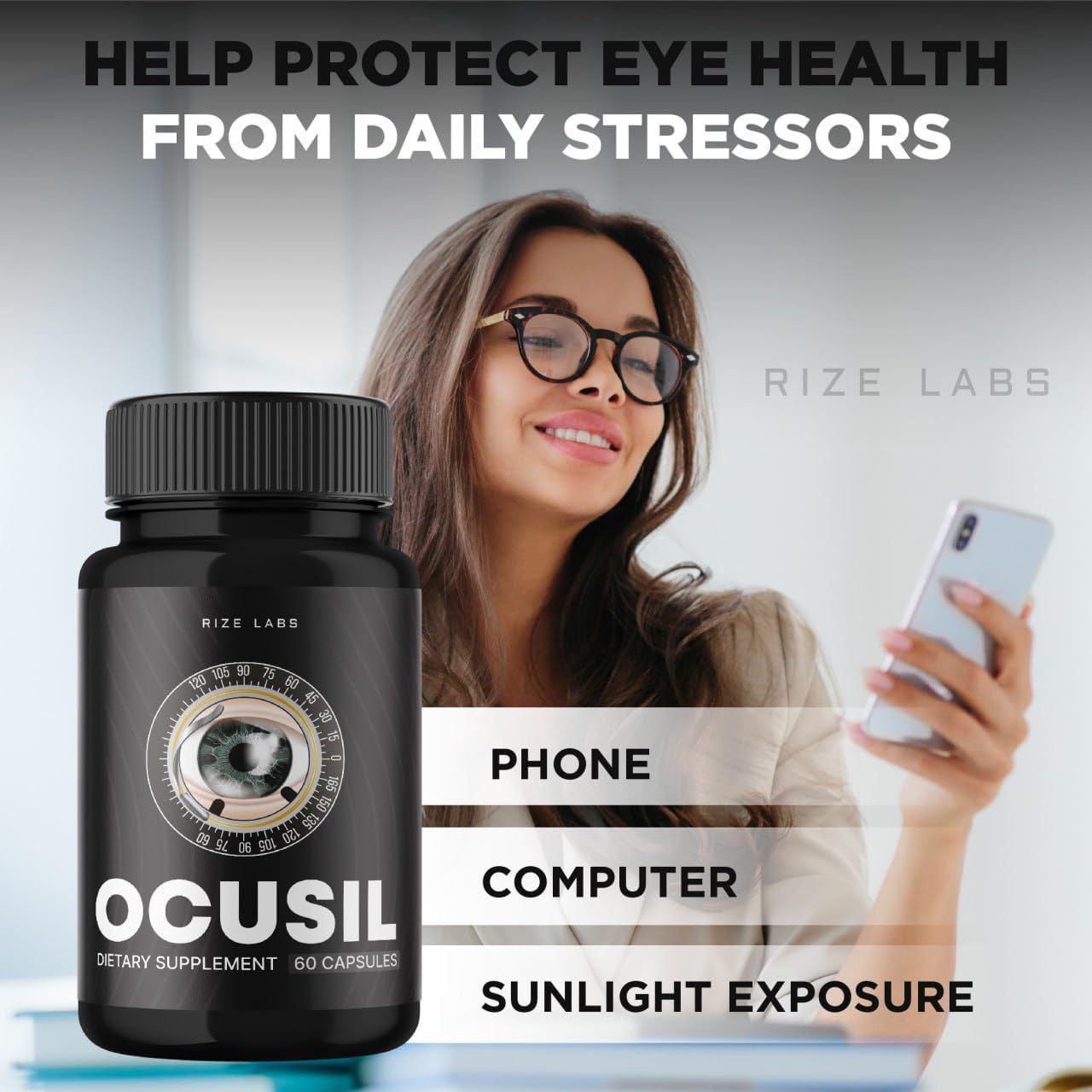 5 Pack of Rize Labs Ocusil Capsules - Eye Support Supplement for Concentration and Focus - All-Natural Eye Pills (300 Capsules)