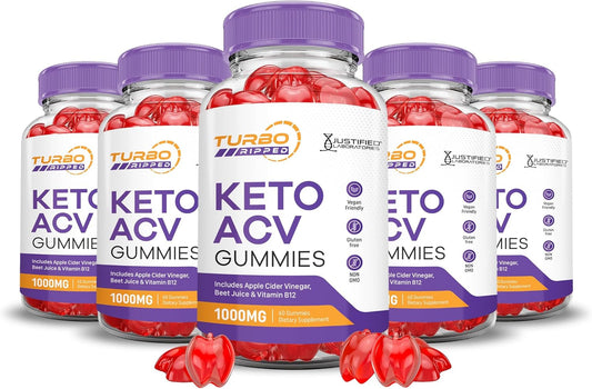 5 Pack Turbo Ripped Keto ACV Gummies - 1000MG Advanced Formula with Pomegranate & B12 - Vegan & Non GMO (300 Gummys)
