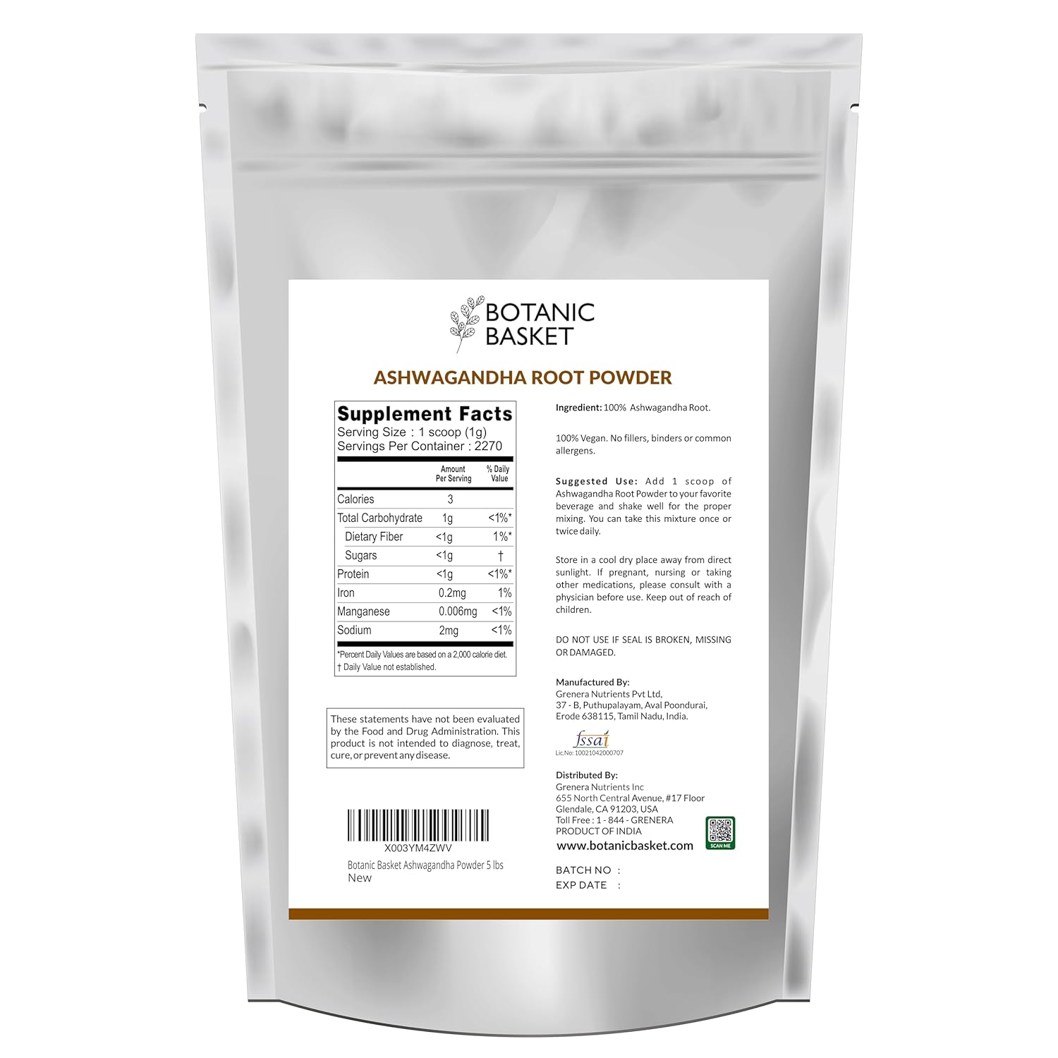 5 Pound Botanic Basket Ashwagandha Root Powder - Pure, No Fillers, No Additives - High Withanolides, Non-GMO, Gluten-Free