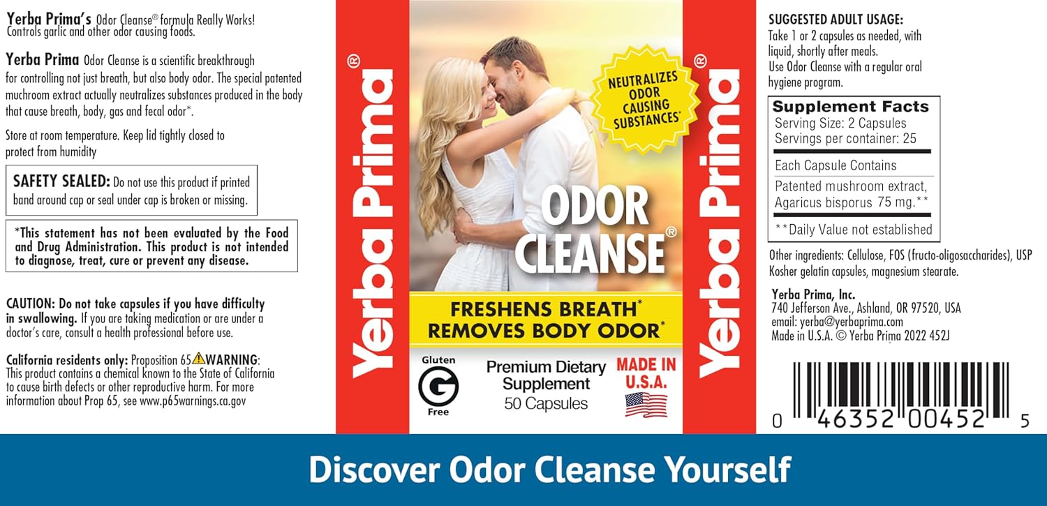 50 Capsules of Yerba Prima Odor Cleanse with Premium Extract for Effective Odor Control