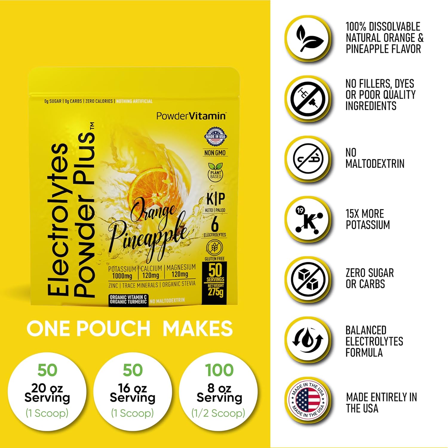 50 Servings Powder Vitamin Electrolytes with 0 Calorie Keto Formula - Orange Pineapple Flavor, 1000mg Potassium, 120mg Calcium, 120mg Magnesium for Hydration