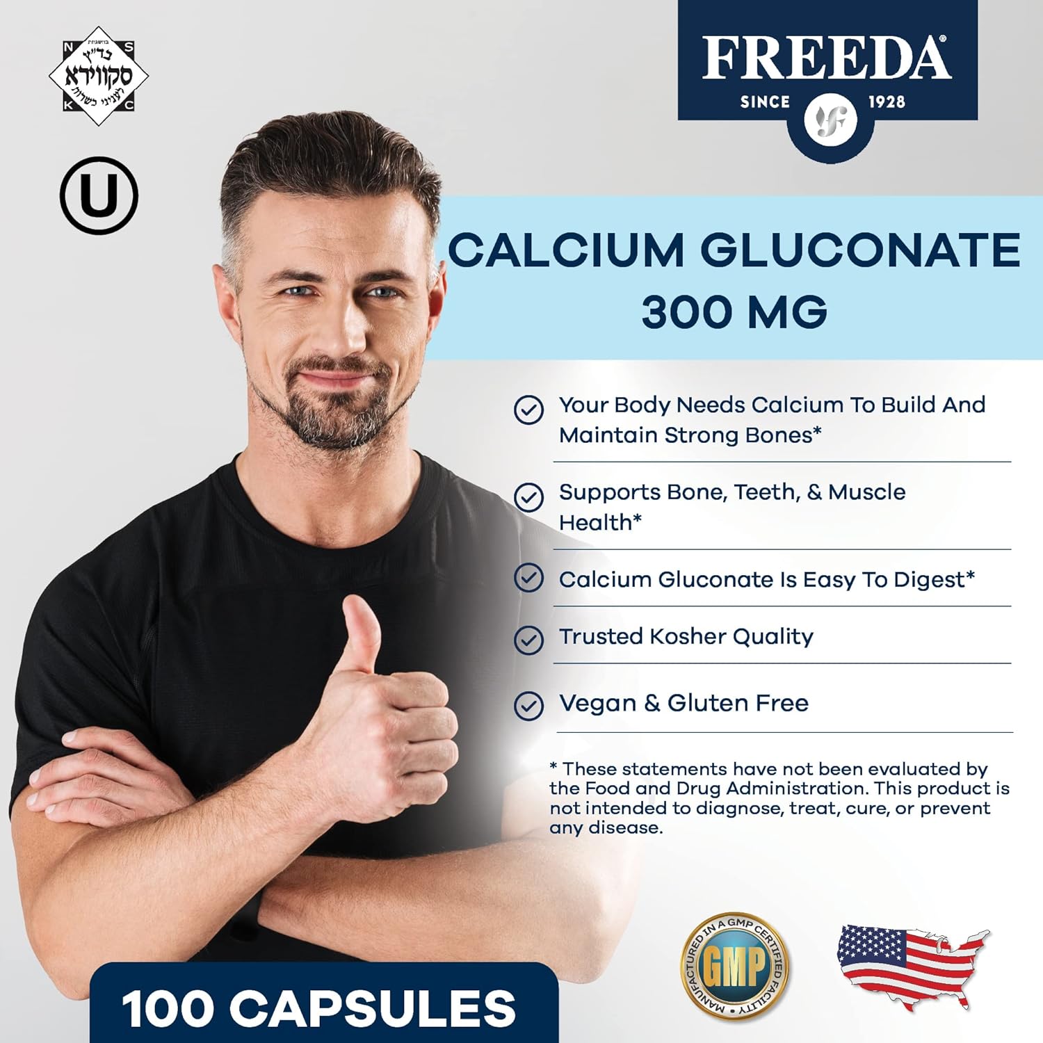 500 Capsules Freeda Calcium Gluconate: Kosher Vegan Bone & Joint Support Supplement for Men & Women - Easy to Digest - Pure Calcium, No Vitamin D