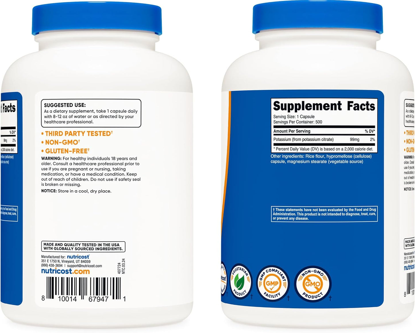 500 Capsules of Nutricost Potassium Citrate 99mg Supplement