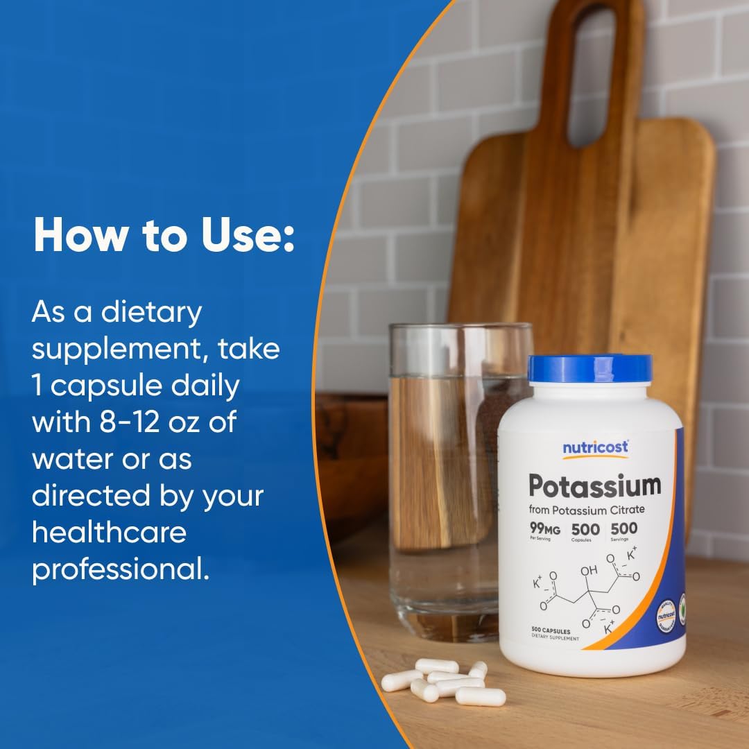 500 Capsules of Nutricost Potassium Citrate 99mg Supplement