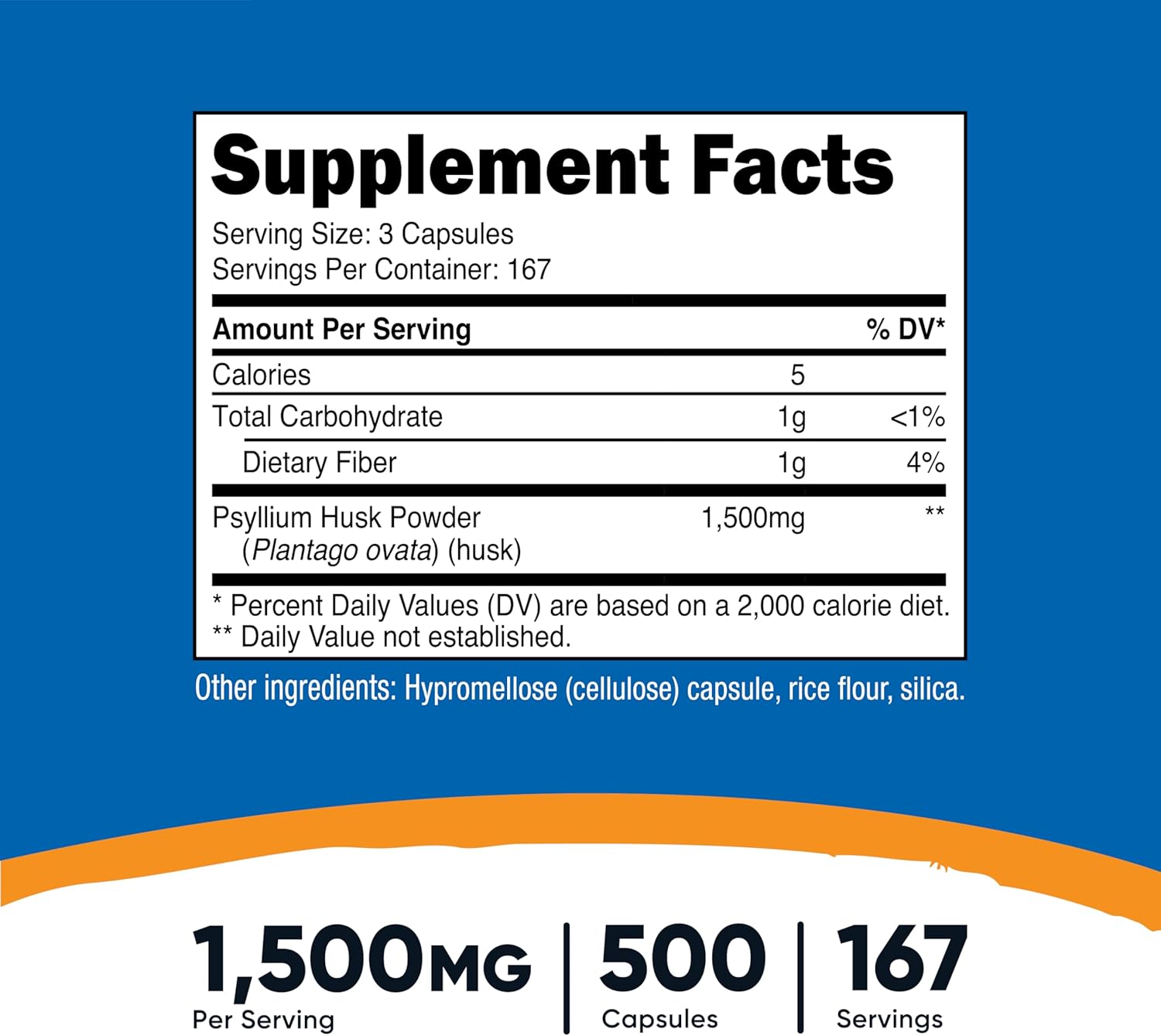 500 Capsules of Nutricost Psyllium Husk 1500mg - Non-GMO & Gluten Free Fibre Supplement