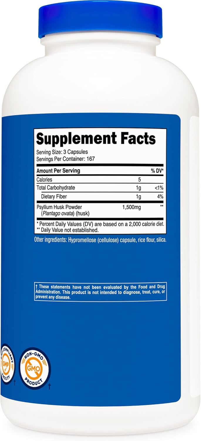 500 Capsules of Nutricost Psyllium Husk 1500mg - Non-GMO & Gluten Free Fibre Supplement