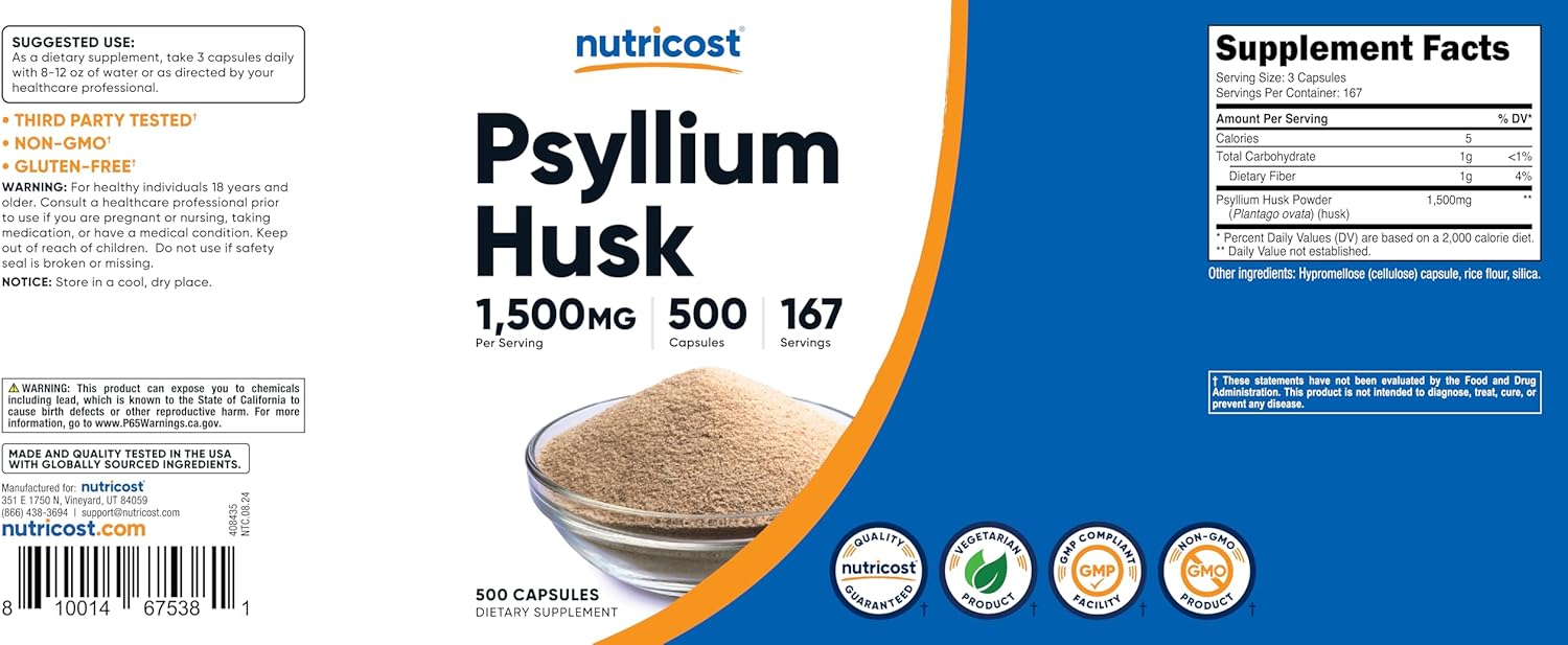 500 Capsules of Nutricost Psyllium Husk 1500mg - Non-GMO & Gluten Free Fibre Supplement