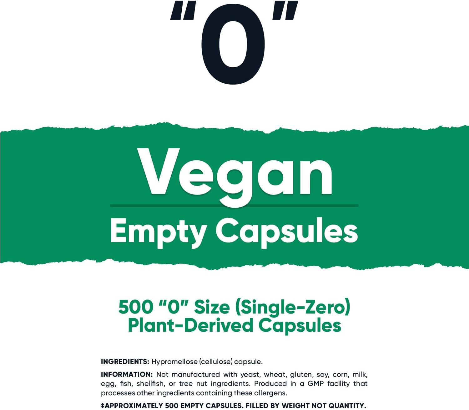 500 Clear Size 0 Vegan Plant-Based Capsules - Kosher & Halal Certified, Non-GMO, Soy & Gluten Free