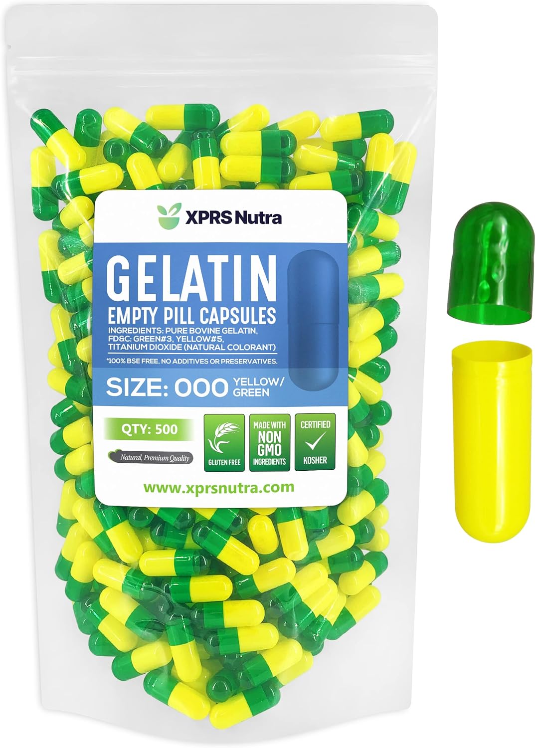 500 Count Size 000 Empty Gelatin Capsules for DIY Supplement Filling - Fillable Green/Yellow Gel Caps Pills by XPRS Nutra