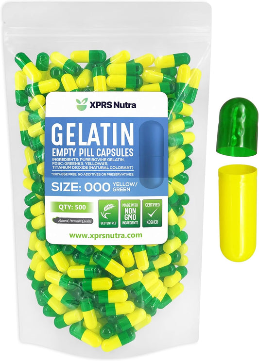 500 Count Size 000 Empty Gelatin Capsules for DIY Supplement Filling - Fillable Green/Yellow Gel Caps Pills by XPRS Nutra