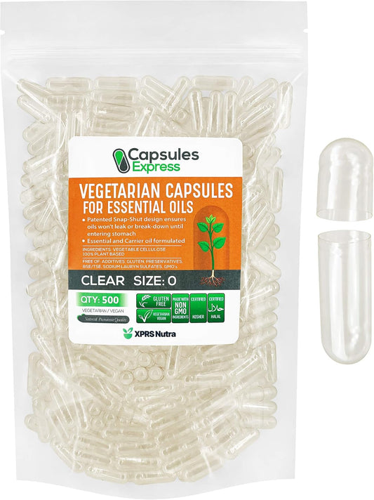 500 Count XPRS Nutra Size 0 Clear Vegan Empty Capsules for Essential Oils - DIY Oil Filling with Most Oils