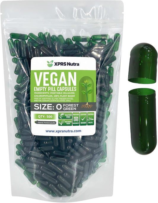 500 Count XPRS Nutra Size 0 Empty Vegan Capsules for DIY Vegetable Filling - Vegetarian Pill Capsules - Forest Green Veggie Caps