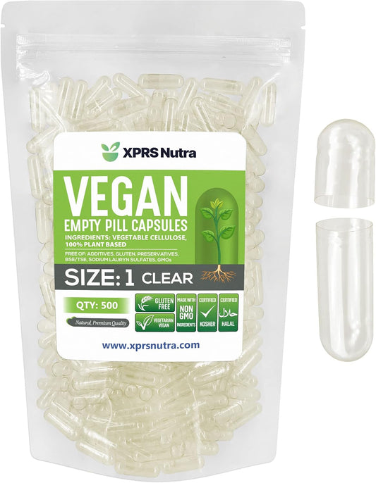 500 Count XPRS Nutra Size 1 Clear Vegan Empty Capsules for DIY Vegetable Filling