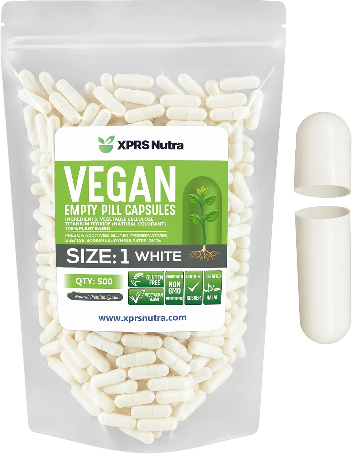 500 Count XPRS Nutra Size 1 Vegan Empty Capsules for DIY Vegetable Filling - Vegetarian Pill Capsules - White Veggie Caps