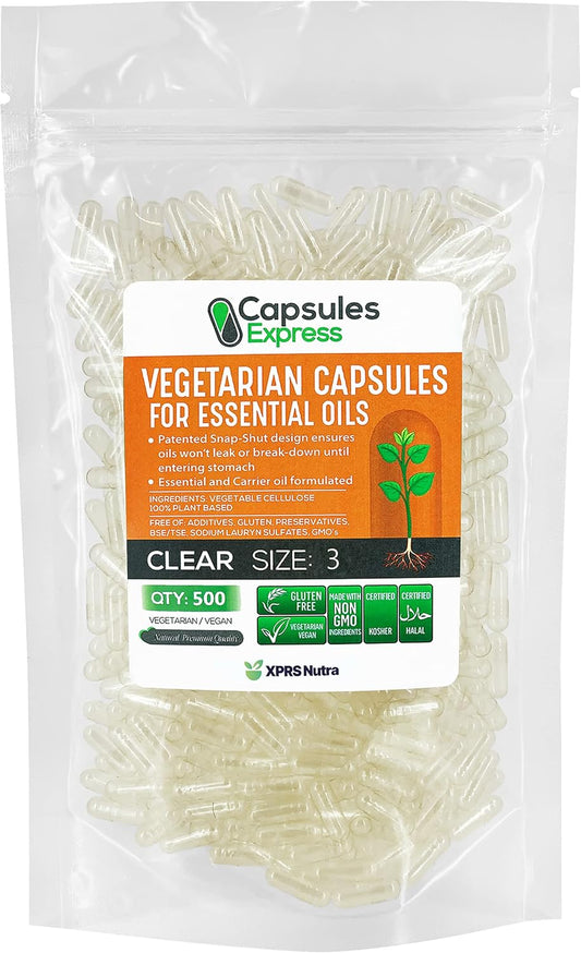 500 Count XPRS Nutra Size 3 Clear Vegan Capsules for Essential Oils - Empty Vegetable Capsules for DIY Oil Filling - Compatible with Most Oils