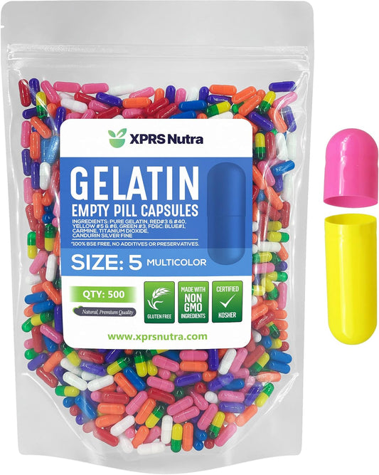 500 Count XPRS Nutra Size 5 Empty Gelatin Capsules for DIY Capsule Filling - Fillable Pill Capsules in Multi Colors