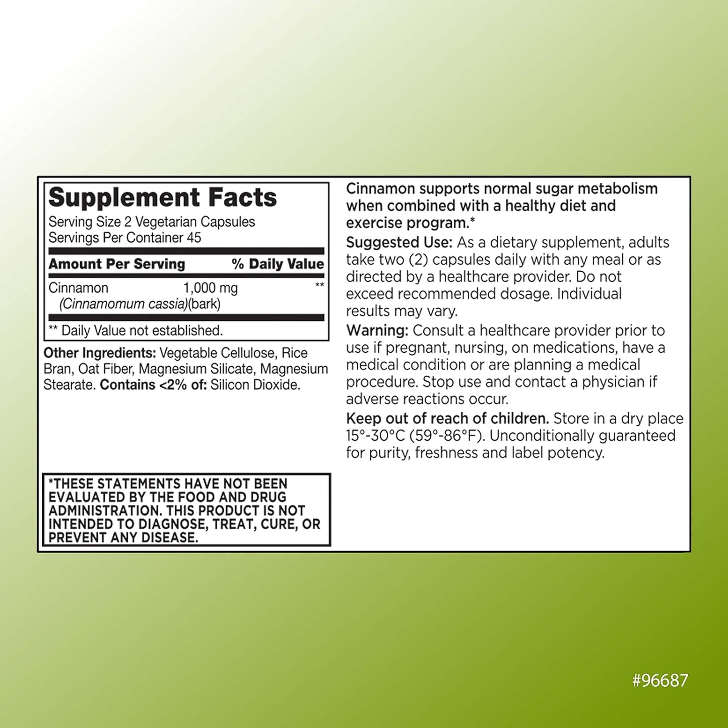 500 mg Cinnamon Vegetarian Vitamin Supplement - 90 Count Bottle of High-Quality Choice