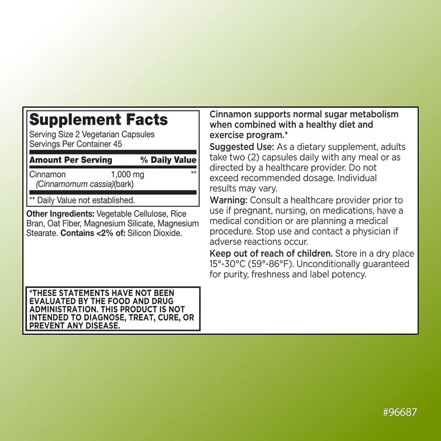 500 mg Cinnamon Vegetarian Vitamin Supplement - 90 Count Bottle of High-Quality Choice