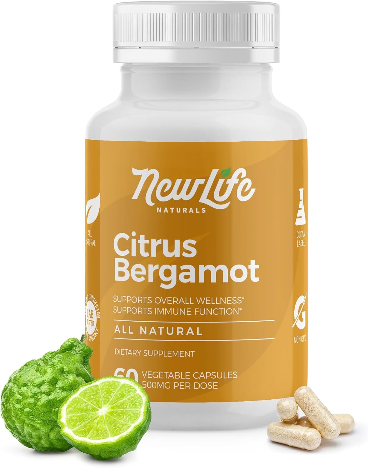 500 MG Citrus Bergamot Supplements for Heart Health and Aging Support - Pure Extract Formula - 60 Veggie Capsules by NewLife Naturals