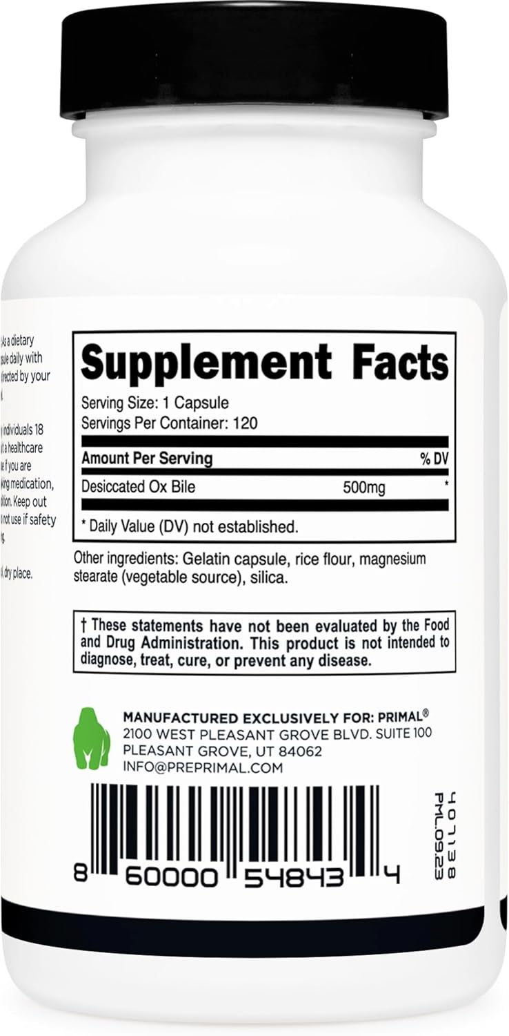 500 MG Primal Ox Bile Capsules - Gluten-Free, Non-GMO, Third-Party Tested (120 Capsules)
